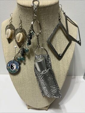 Gift Set Silver Detachable Keychain Lip Balm Holder Purse Charm 2 pr Earrings